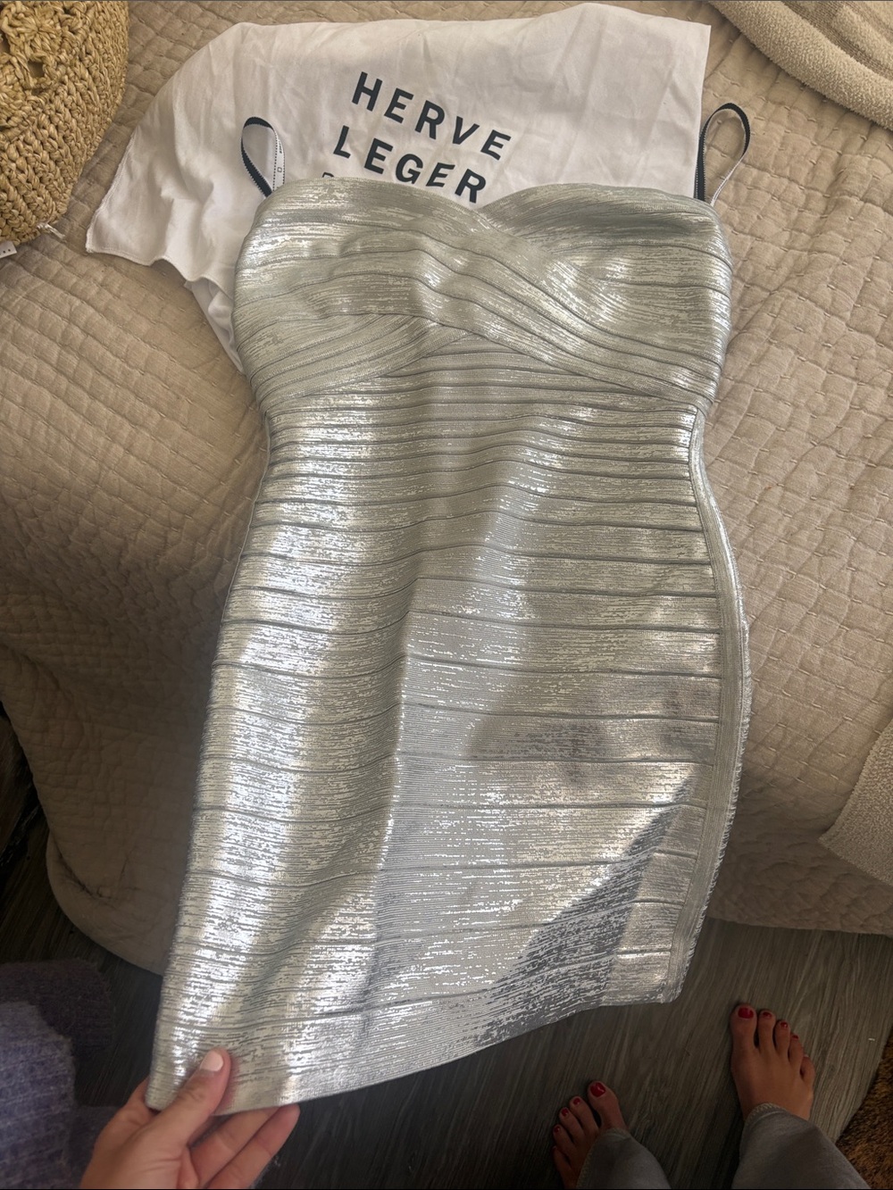 Herve Leger Silver Strapless Metallic Bandage Dress